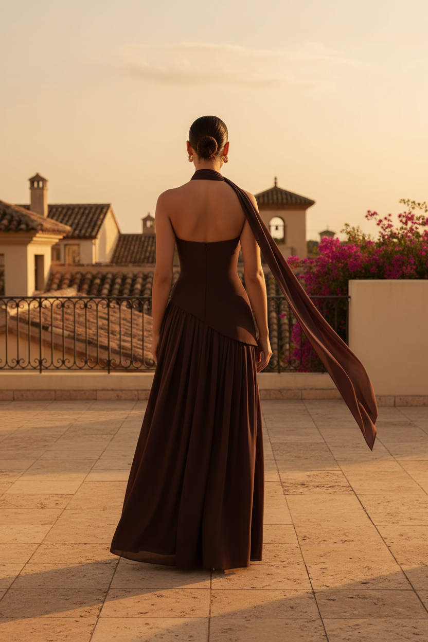 Maxi Dress Brown - Back View Outdoor
